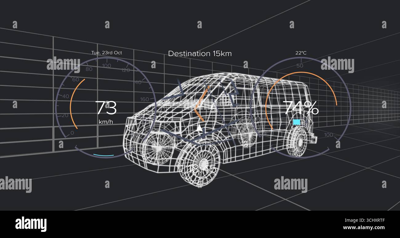 Affichage filaire d'un modèle SUV compact tournant dans un espace de grille 3D virtuel, avec des jauges d'interface utilisateur numériques Banque D'Images