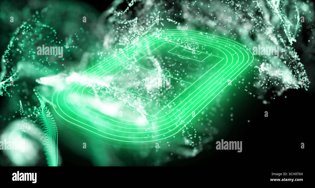 Tracé filaire vert néon flottant et contour de hauteur dans un vide numérique, avec nuages de particules brillants Banque D'Images