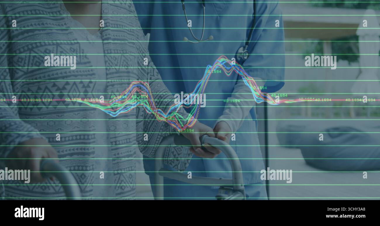 Agent de santé dans des gommages bleus guidant le patient à l'aide d'un déambulateur dans la salle de rééducation, superposition graphique linéaire Banque D'Images