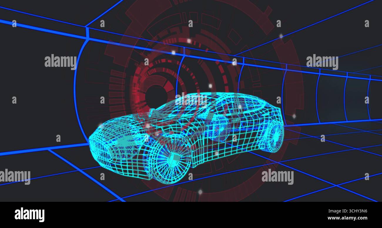 Modèle de voiture de sport cyan filaire fluo planant brillant à l'intérieur du tunnel virtuel, avec motif HUD rouge Banque D'Images