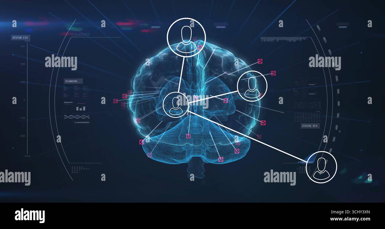 Projection filaire cerveau brillant dans l'interface virtuelle, avec des icônes utilisateur et des panneaux HUD avec des graphiques Banque D'Images