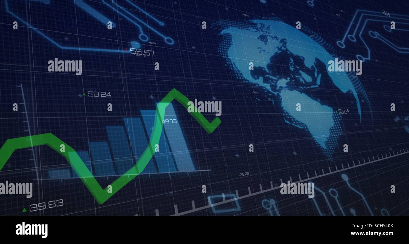 Affichage de la carte du monde du tableau de bord, d'un graphique à barres vertes, d'une superposition de circuits de grille et d'étiquettes numériques Banque D'Images