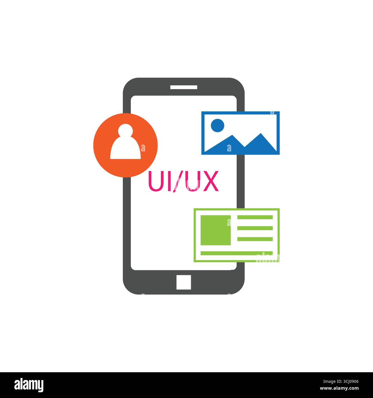 Illustration vectorielle de l'interface utilisateur / UX du smartphone avec des icônes pour le profil, l'image et le contenu. Idéal pour la conception d'applications, les wireframes et les projets créatifs numériques. Illustration de Vecteur