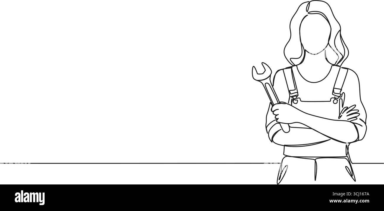 dessin continu à une ligne de mécanicien féminin ou ouvrier de construction tenant une grande clé, illustration vectorielle d'art au trait Illustration de Vecteur