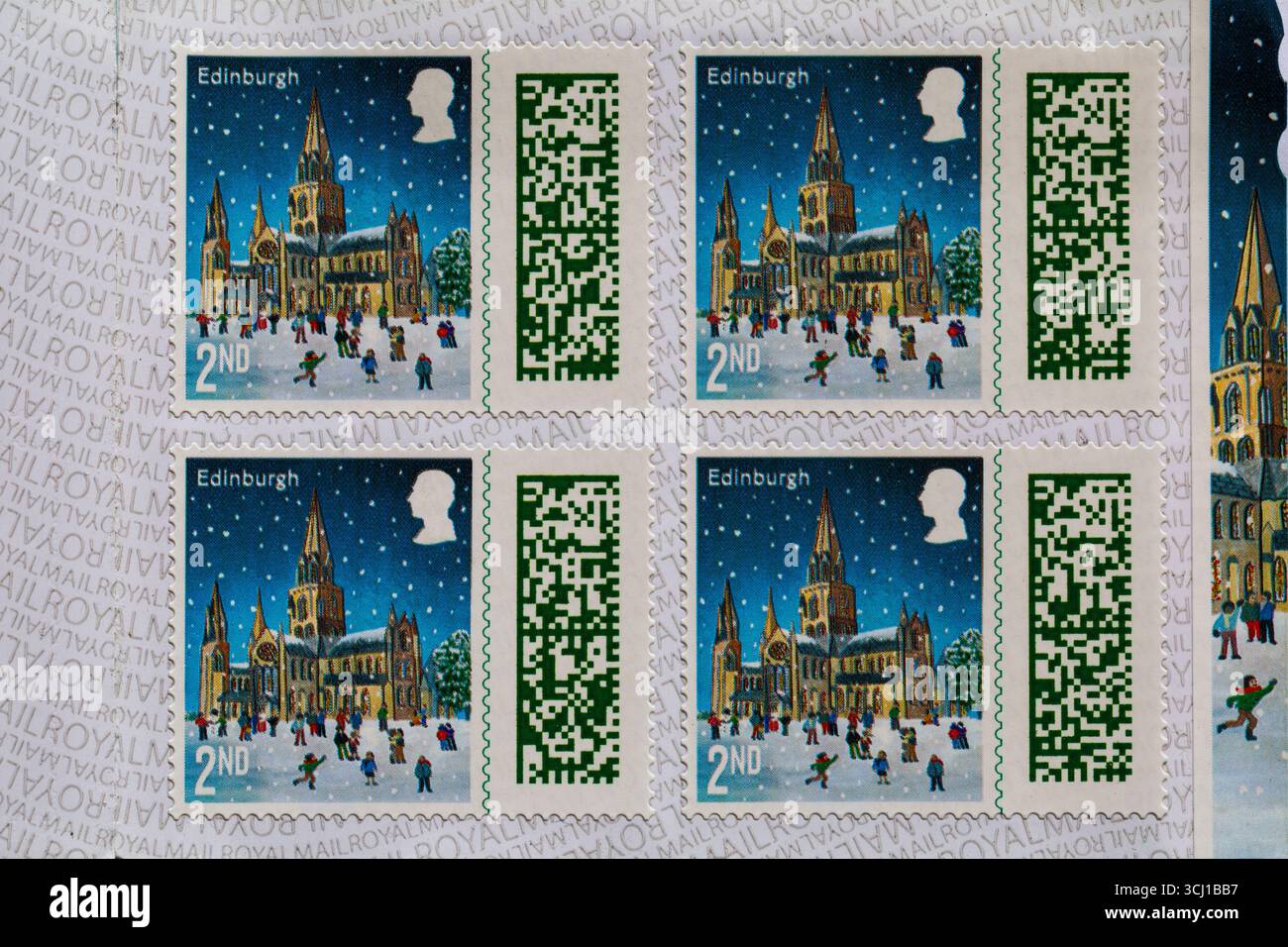 Livre de quatre timbres de Noël de 2ème classe - timbre à code-barres, timbre à code-barres UK Unused festive - timbre-poste de deuxième classe Banque D'Images