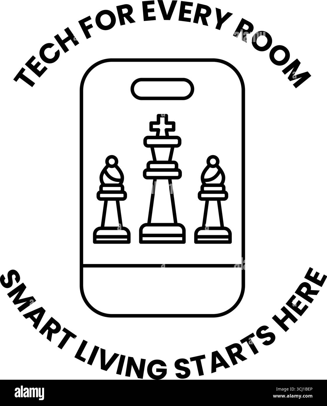 Une image en noir et blanc d'un échiquier avec trois rois et un chevalier. Le texte dit « Tech for Every room Smart Living commence ici » Illustration de Vecteur