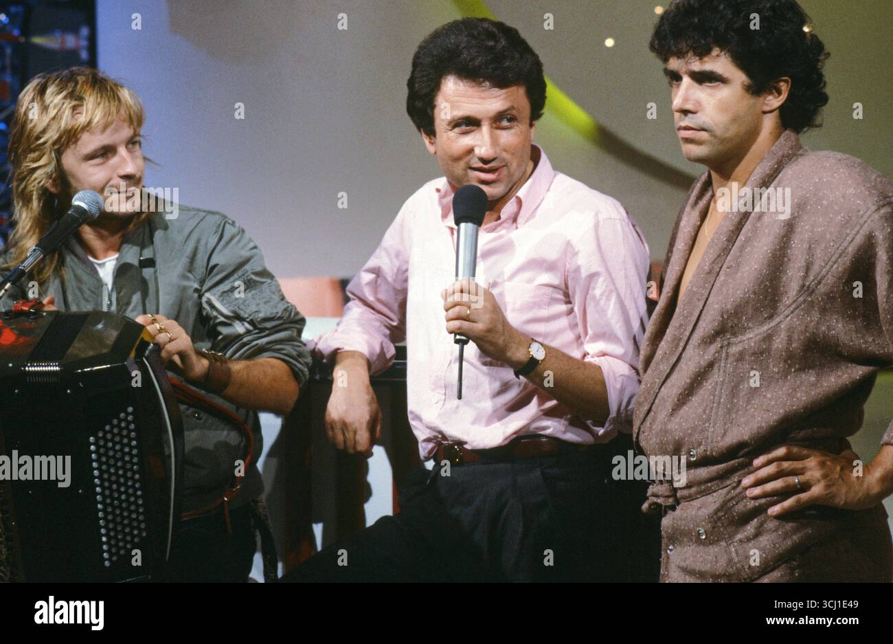 Renaud, Michel Drucker et Julien Clerc sur le tournage de 'Studio 1'. 20 mars 1985 Banque D'Images