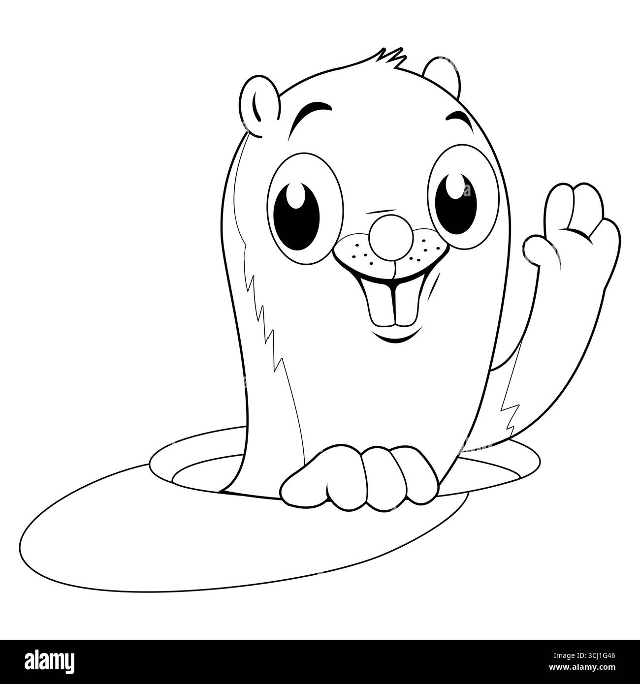 Marmotte de dessin animé jetant un coup d'œil d'un trou dans le sol. Personnage de marmotte de dessin animé. Coloriage noir et blanc. Banque D'Images