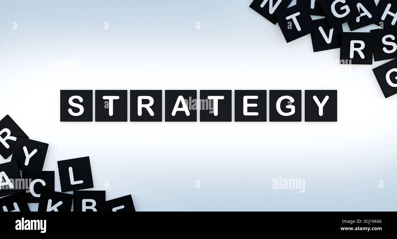 Stratégie Stratégie, mot avec jetons. Méthode, planification, conseil, gol, plan, approche, tactique, stratégie commerciale. Illustration 3D TEXT token Strategy Banque D'Images