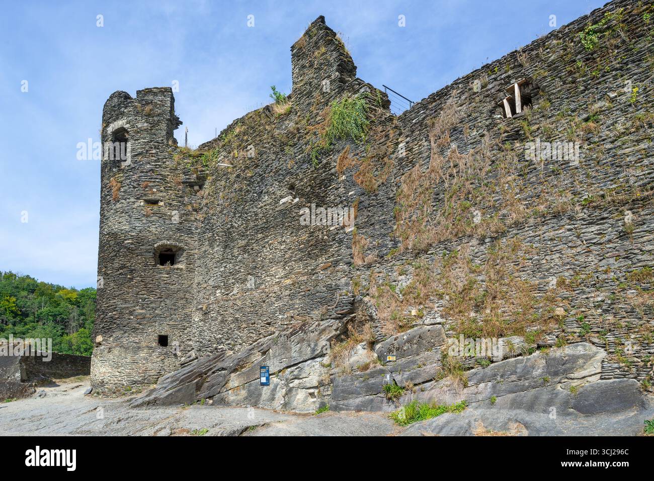 Château médiéval en ruines du IXe siècle surplombant la ville la Roche-en-Ardenne en été, province de Luxembourg, Ardennes, Wallonie, Belgique Banque D'Images