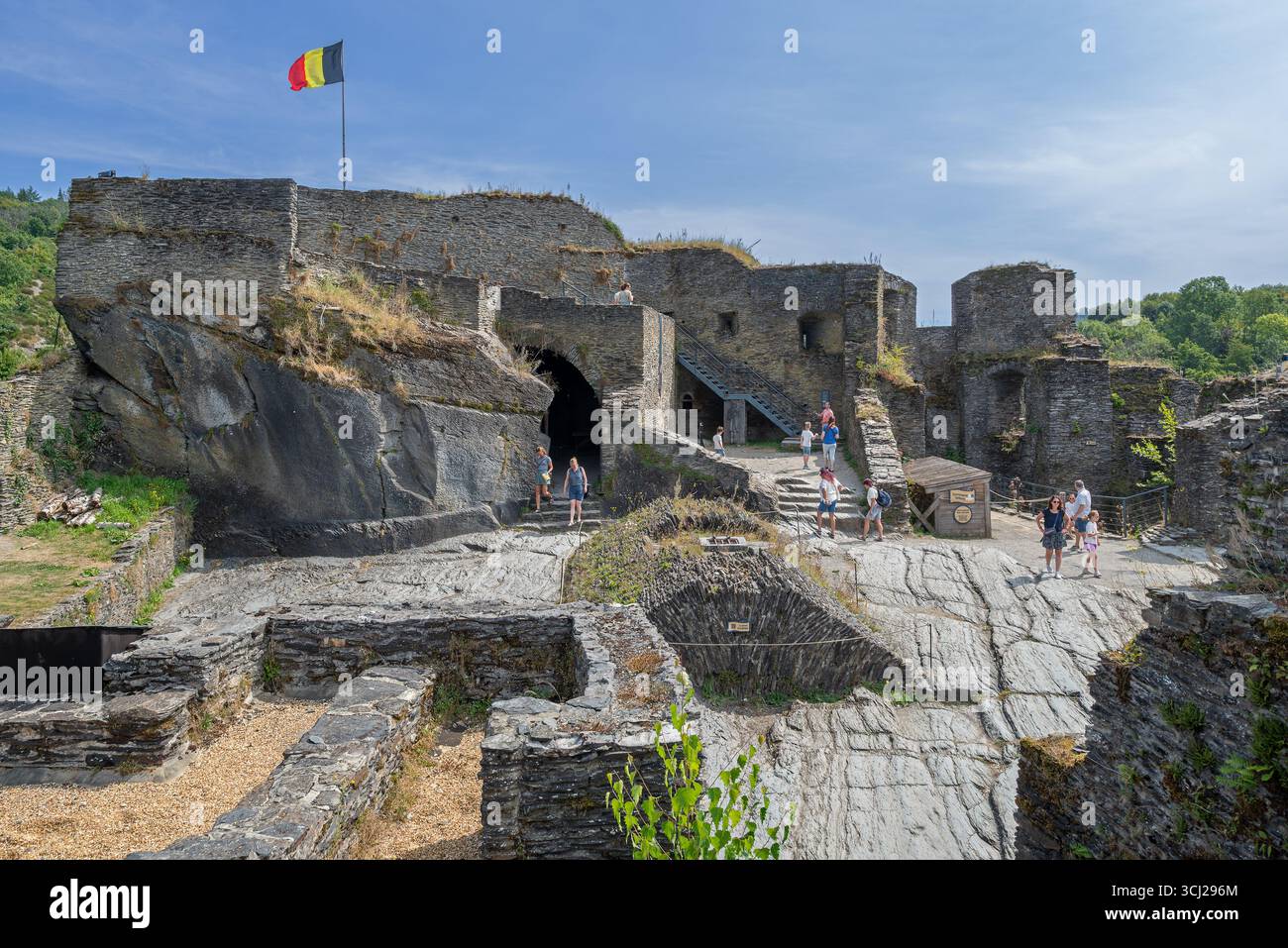 Château médiéval en ruines du IXe siècle surplombant la ville la Roche-en-Ardenne en été, province de Luxembourg, Ardennes, Wallonie, Belgique Banque D'Images