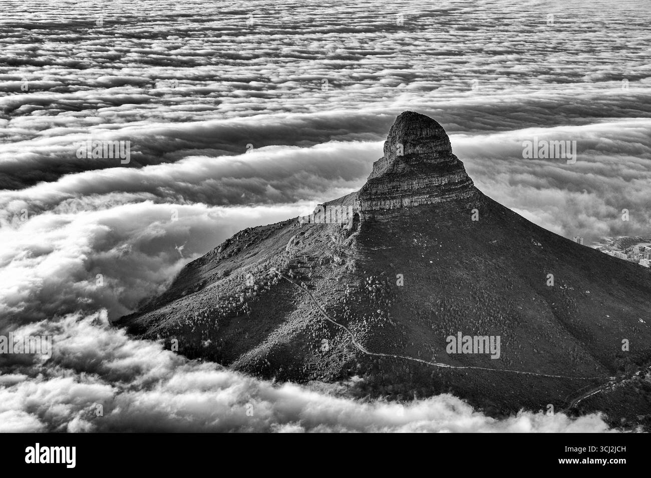 Un plan majestueux et sombre de la tête de lion, avec son sommet debout fort au-dessus d'une mer de nuages. Les tons noir et blanc à contraste élevé accentuent le R Banque D'Images