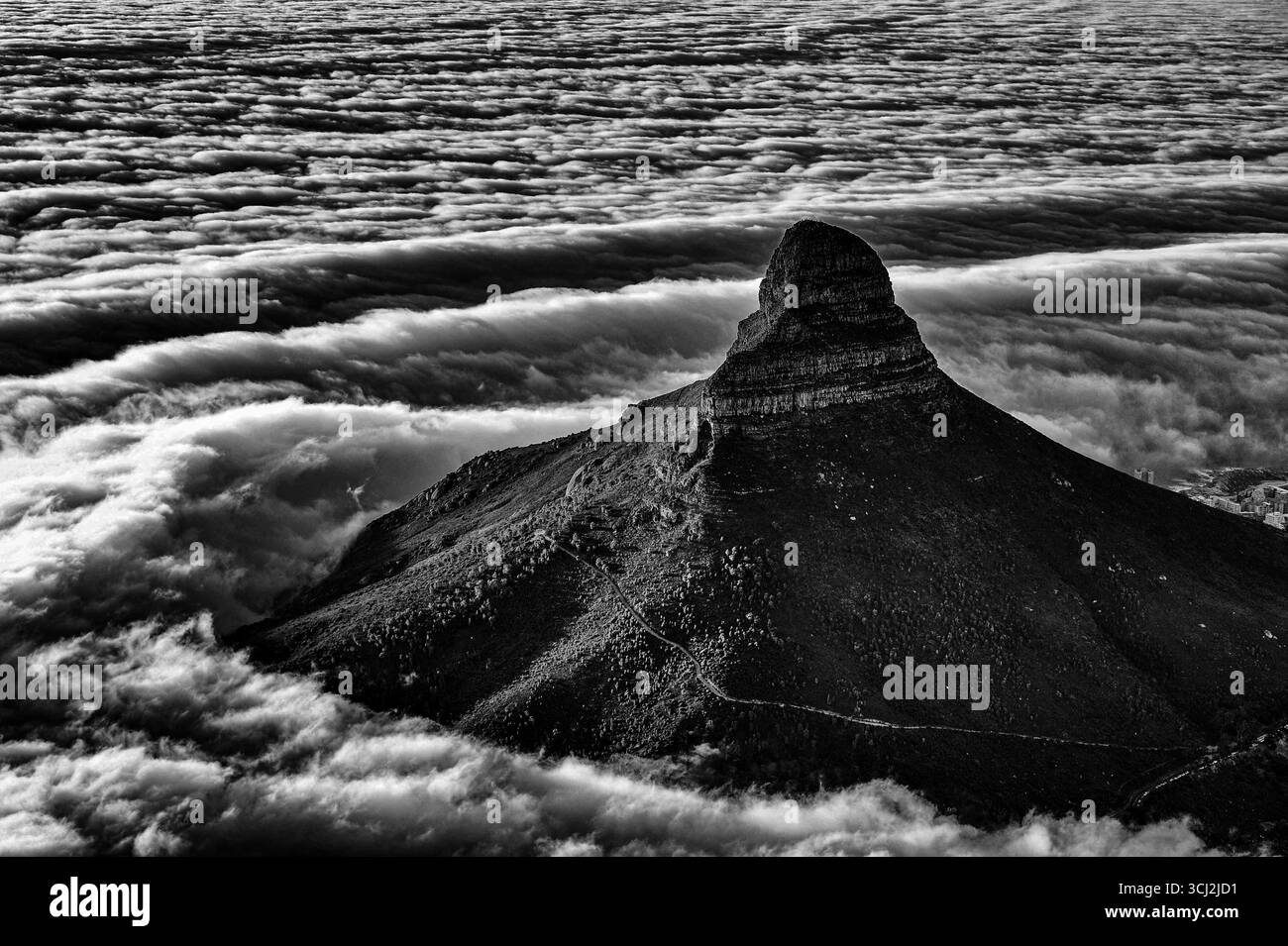 Un plan majestueux et sombre de la tête de lion, avec son sommet debout fort au-dessus d'une mer de nuages. Les tons noir et blanc à contraste élevé accentuent le R Banque D'Images