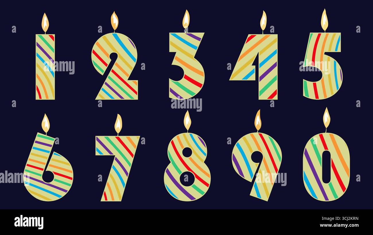 Un ensemble de bougies de numéro d'anniversaire. Bougies colorées allumées numéro d'anniversaire brûlant. Illustration de Vecteur