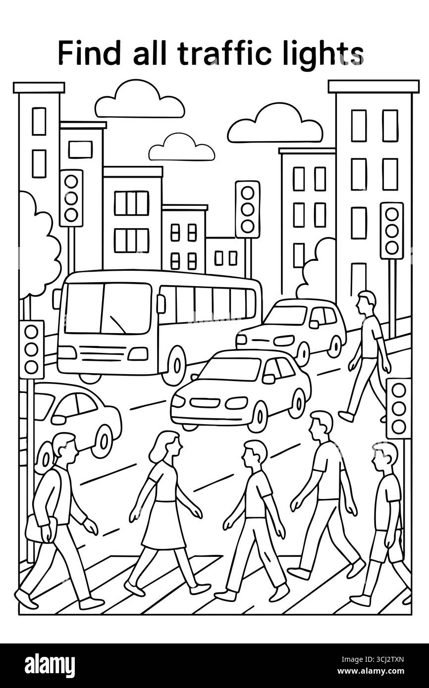 Page de coloriage de rue de ville avec feux de circulation cachés Illustration de Vecteur