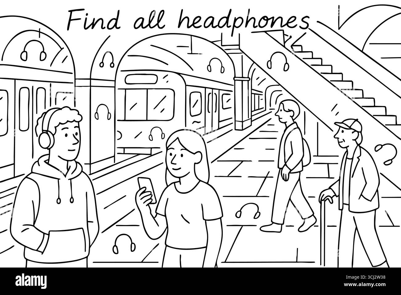Coloriage de métro avec écouteurs cachés. Illustration de Vecteur