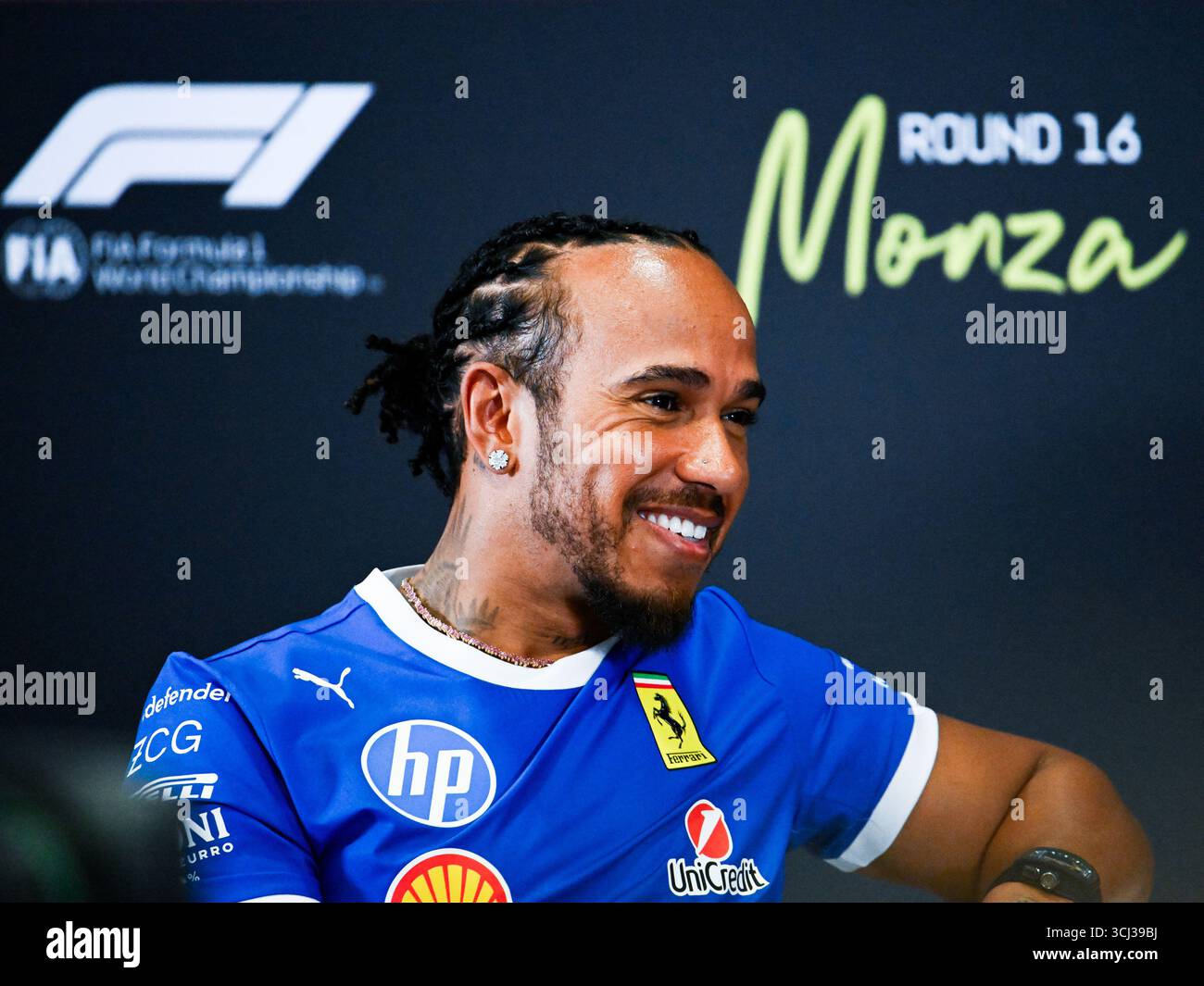 Piombino, Piombino, Italie. 4 septembre 2025. 44 Lewis Hamilton de l'équipe Scuderia Ferrari HP, Ferrari SF-25, Conférence de presse à Monza, pendant le Championnat du monde de formule 1 de la FIA Pirelli Gran Premio d'Italia 2025, 04 septembre, à Monza, Italie (crédit image : © Luca Barsali/ZUMA Press Wire) USAGE ÉDITORIAL SEULEMENT ! Non destiné à UN USAGE commercial ! Banque D'Images