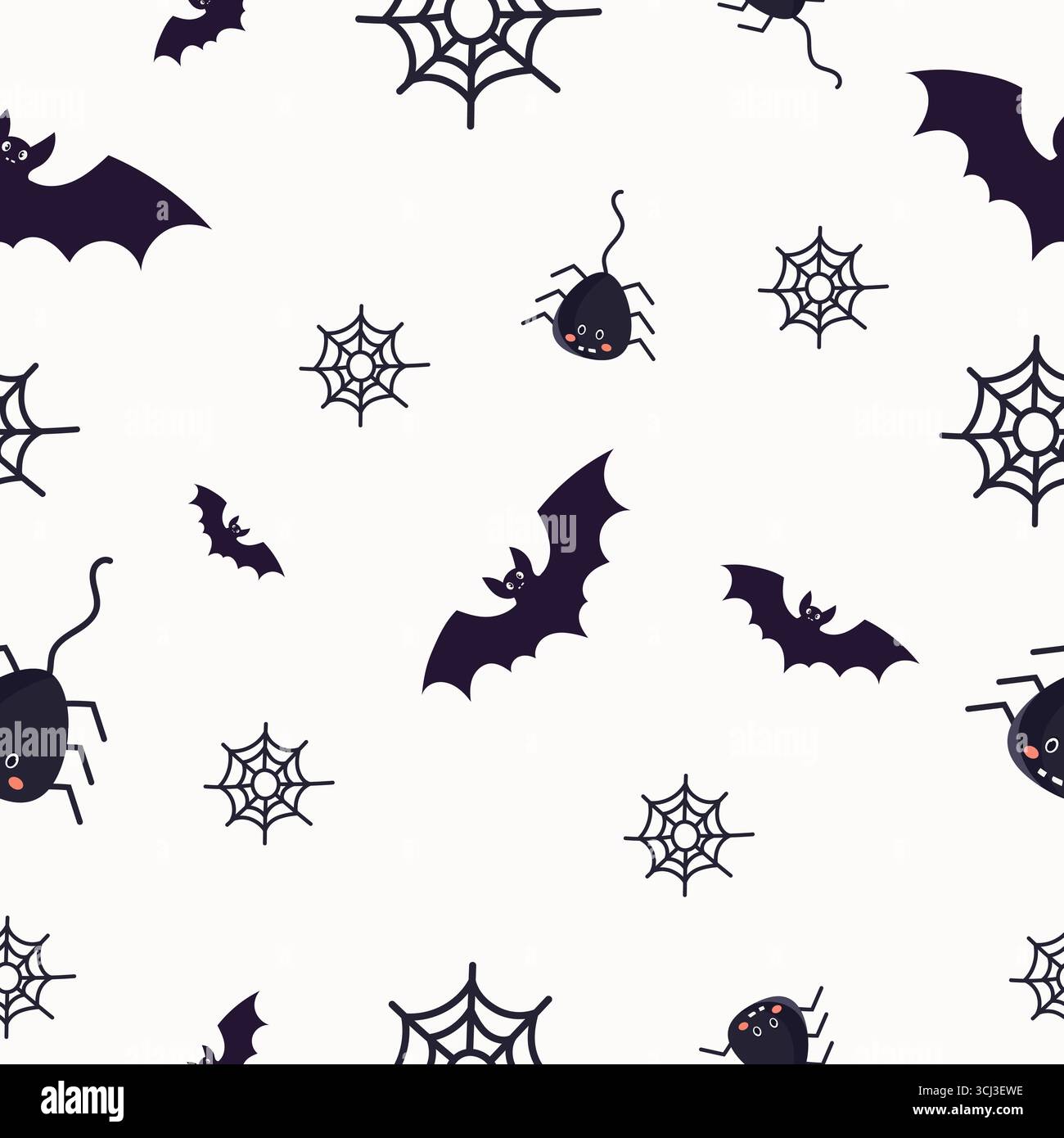 Modèle d'Halloween sans couture avec chauves-souris noires, araignées et toiles d'araignée sur fond blanc. Illustration vectorielle plate pour la conception festive Illustration de Vecteur