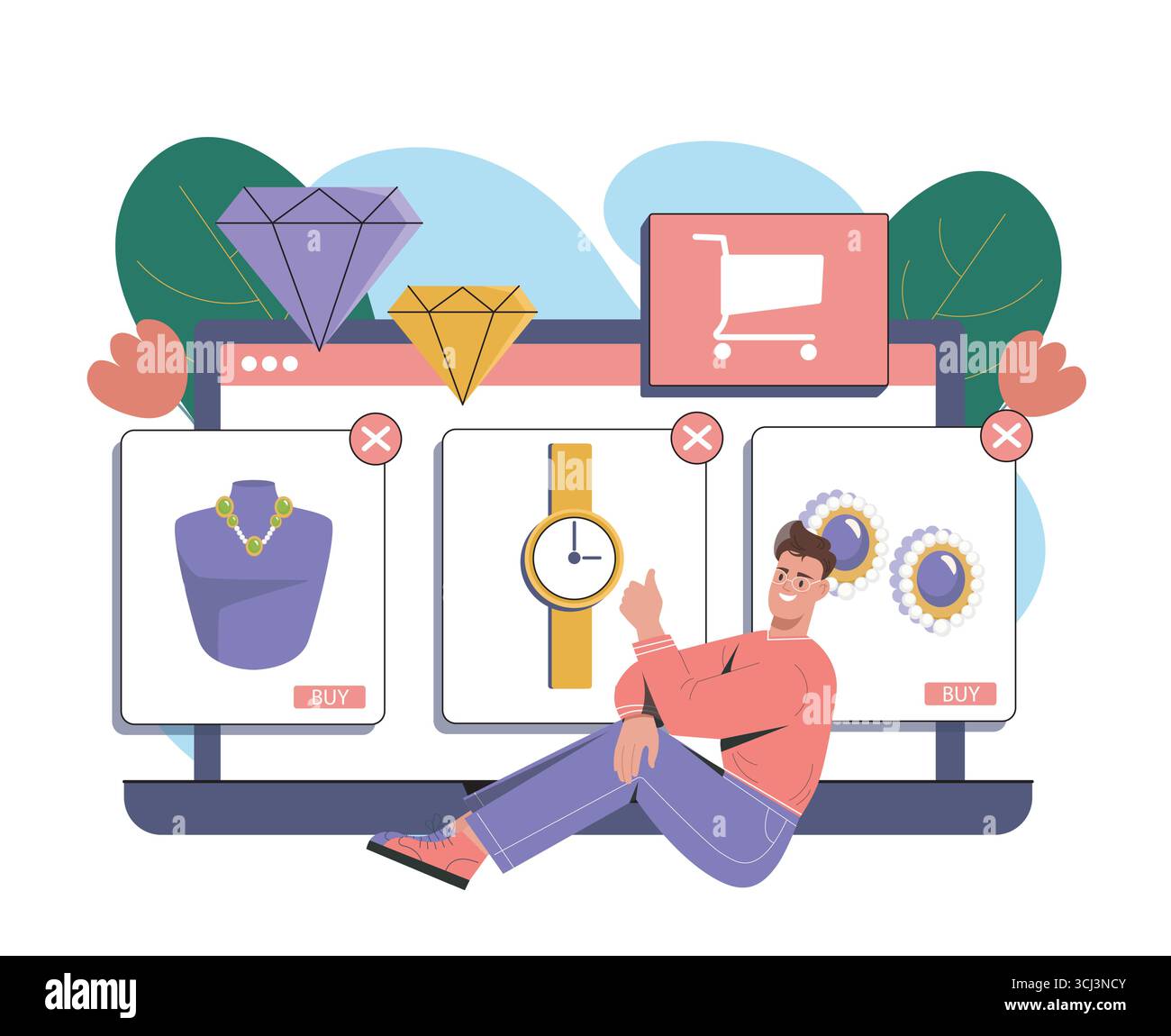 L'homme achète des bijoux sur internet. Jeune homme près d'un ordinateur portable avec une montre en or et une chaîne. Achats en ligne et livraison à domicile. Boucles d'oreilles avec diamants et pierres précieuses Illustration de Vecteur