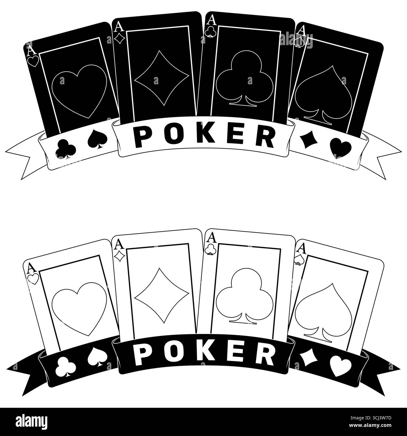 Cartes de poker entourées d'un ruban, symboles de poker de coeur, diamant, club et as Illustration de Vecteur