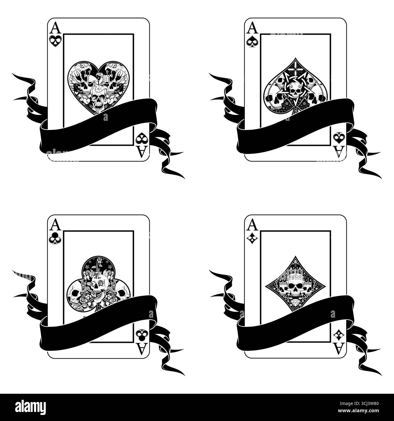 Carte de poker entourée d'un ruban, symboles de poker de coeur, diamant, club et as avec différents dessins de crâne Illustration de Vecteur