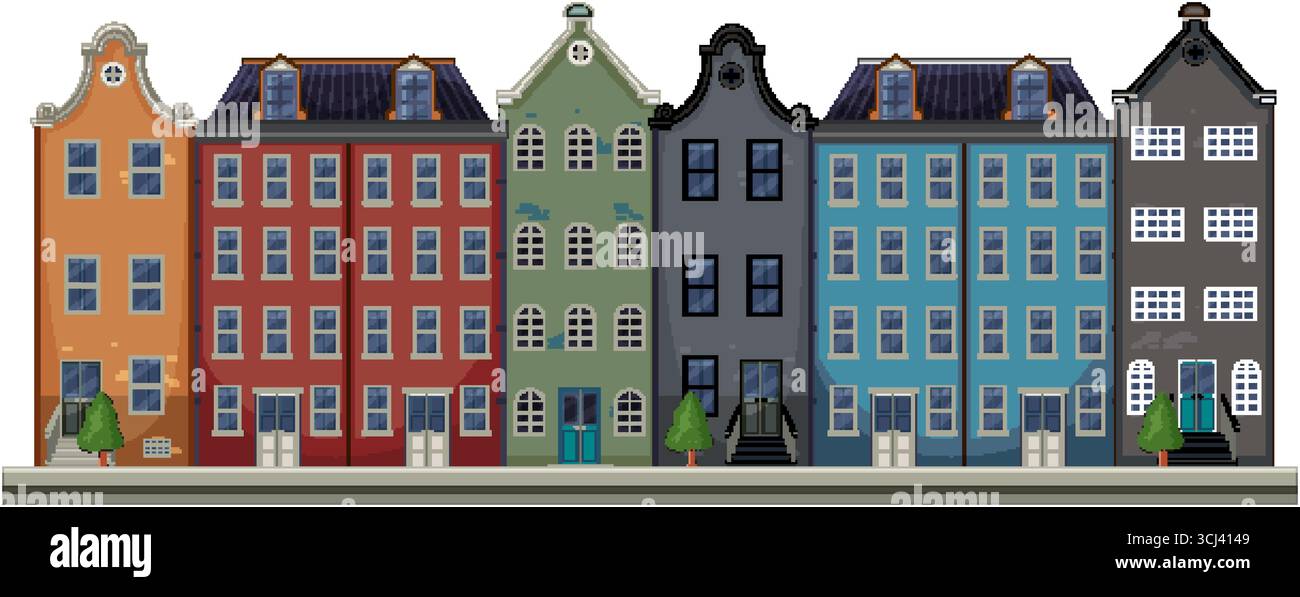 Rangée de maisons de canal hollandaises colorées, illustration vectorielle plate, composition symétrique, lignes épurées Illustration de Vecteur