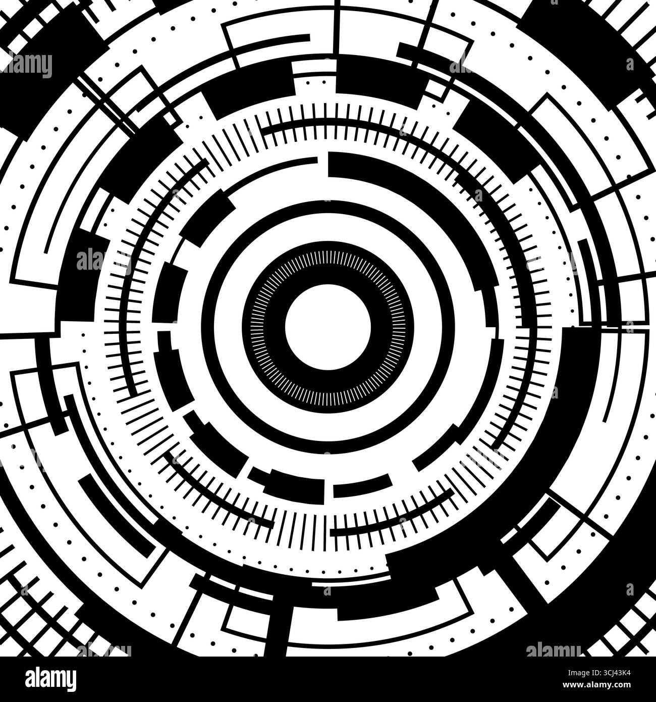 illustration abstraite en noir et blanc d'un motif circulaire hud futuriste avec des lignes concentriques, des points et des formes géométriques ressemblant à un flou numérique Illustration de Vecteur