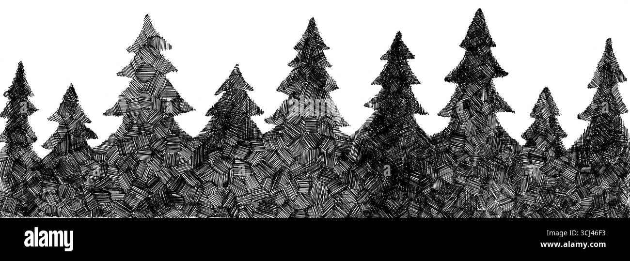 Panorama de conifères. Arrière-plan horizontal. Couleur noire sur blanc. Arbres remplis de texture de contour. Mouvements courts dans différentes directions, dans Banque D'Images