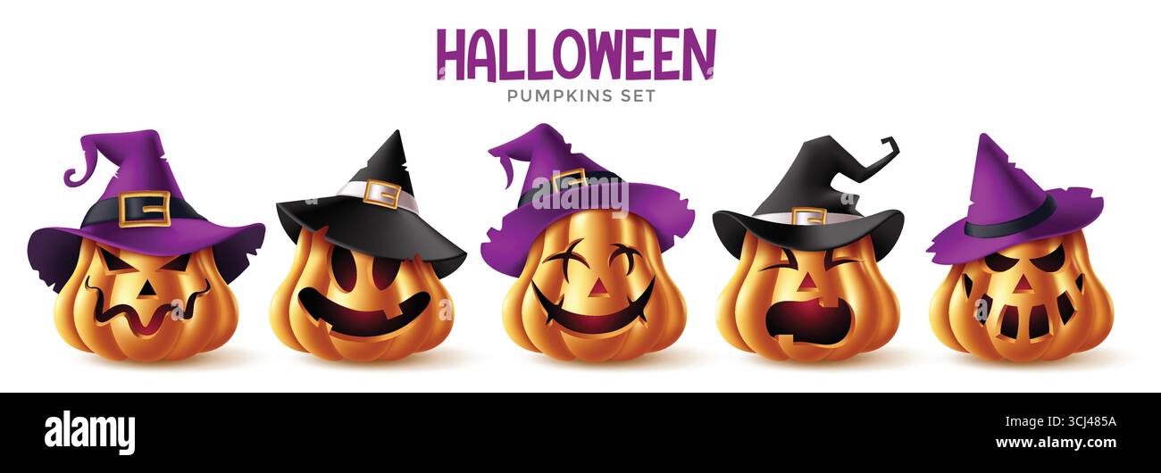 Spooky Halloween Pumpkins Clipart Set avec des chapeaux de sorcière et des visages sculptés drôles pour l'illustration vectorielle festive Halloween Design. Illustration de Vecteur
