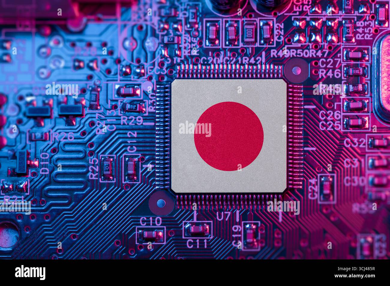Japan on Computer Chip pour le concept de guerre à puce japonaise. Fabricants de puces nationaux, part de marché de Microchip sur le fabricant de puces de carte mère et la chaîne d'approvisionnement. Banque D'Images