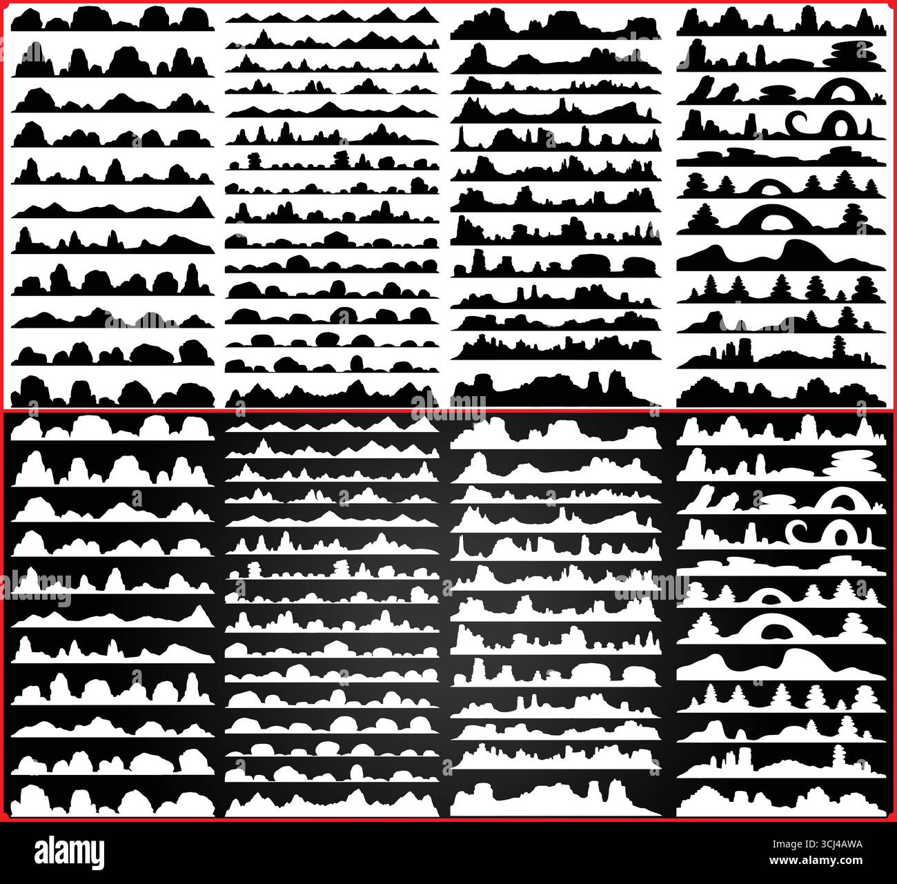 Grande collection de silhouettes de montagne et de roche avec des paysages de la nature dans le style noir et blanc Illustration de Vecteur