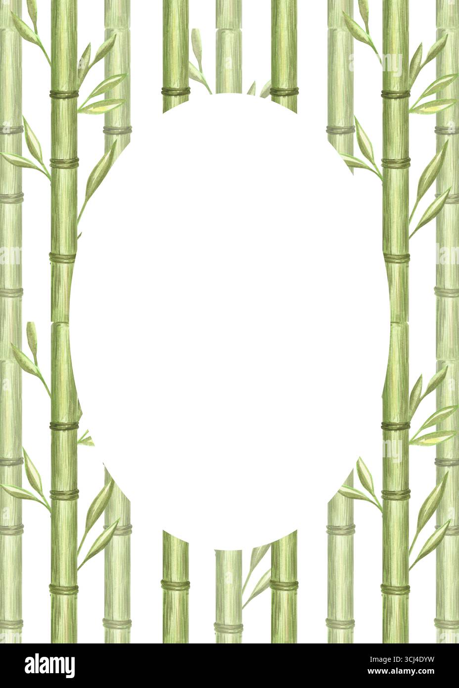 Tiges de bambou avec feuilles modèle de carte postale aquarelle. Cadre avec espace copie avec branches florales. Bordure d'illustration isolée dessinée à la main à partir de Banque D'Images