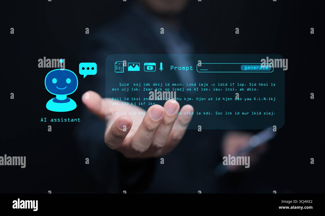 Écran d'assistant virtuel d'agent AI avec interface holographique futuriste, symbolisant la technologie intelligente, l'IA générative et l'automatisation numérique qui améliorent Banque D'Images