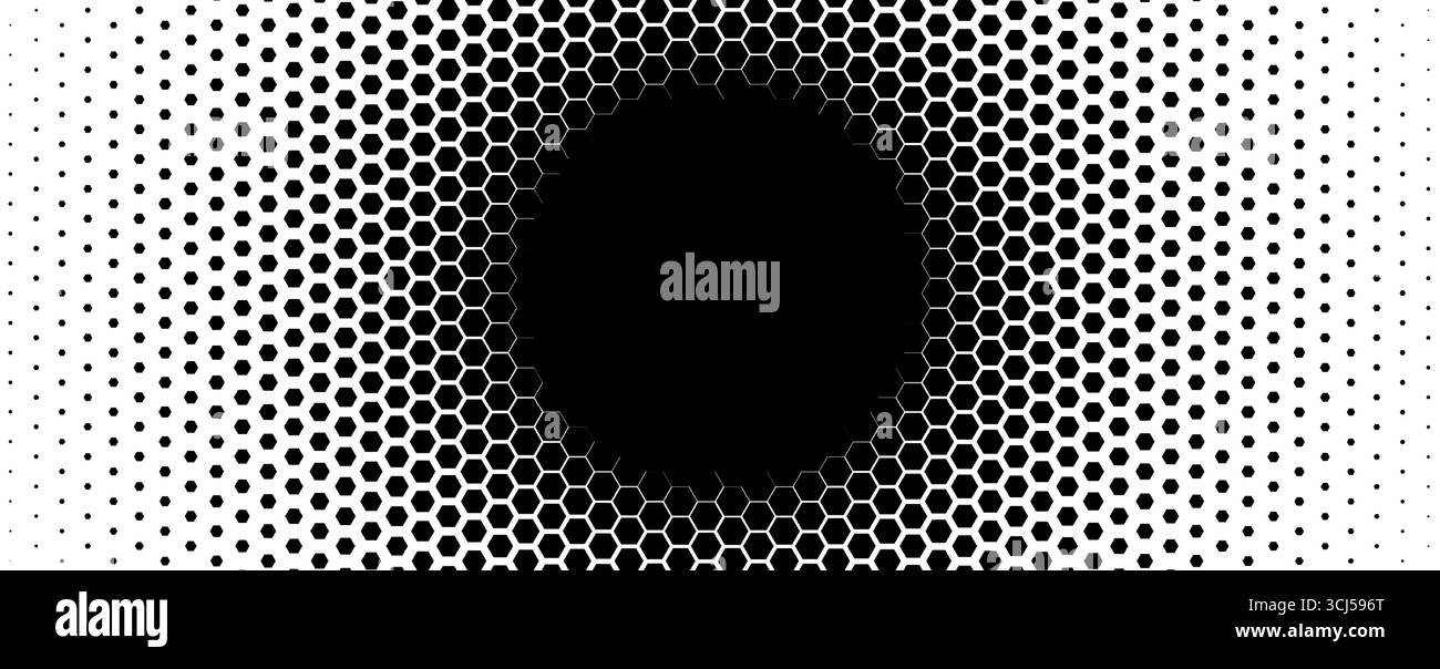 Motif abstrait hexagonal circulaire en nid d'abeilles en noir et blanc. Éclipse solaire ou trou noir. Parfait pour la technologie, les présentations d'entreprise et Illustration de Vecteur