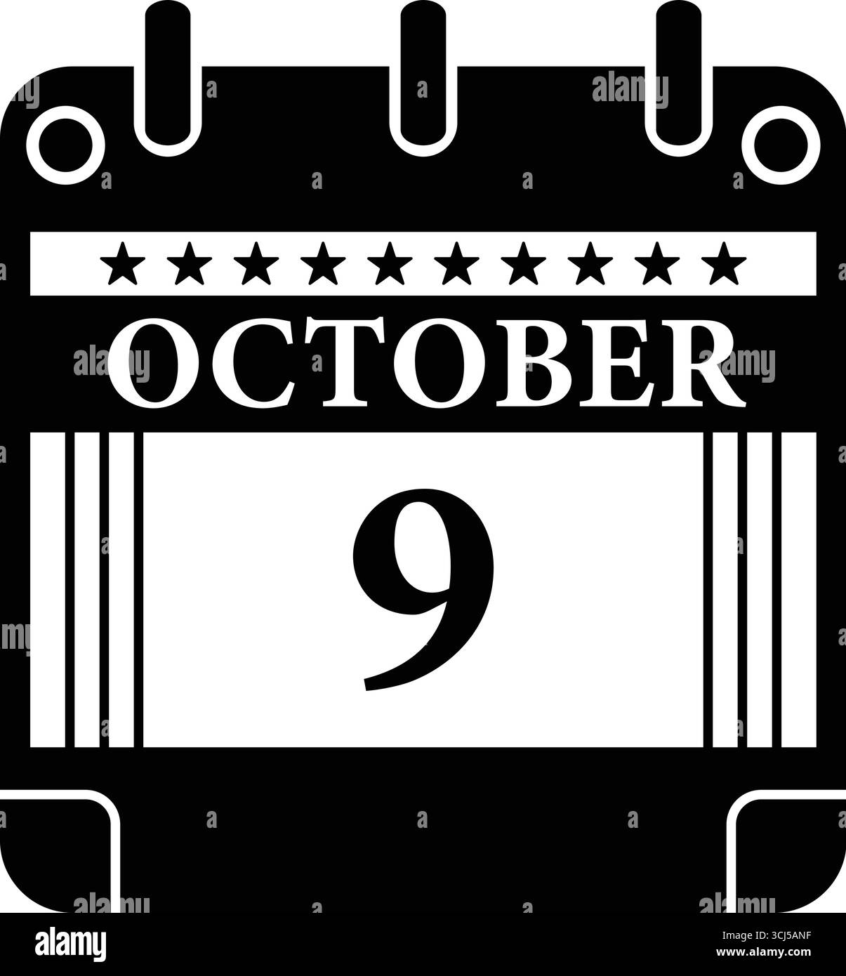 Icône calendrier du 9 octobre – graphique de date noir et blanc pour les événements Illustration de Vecteur