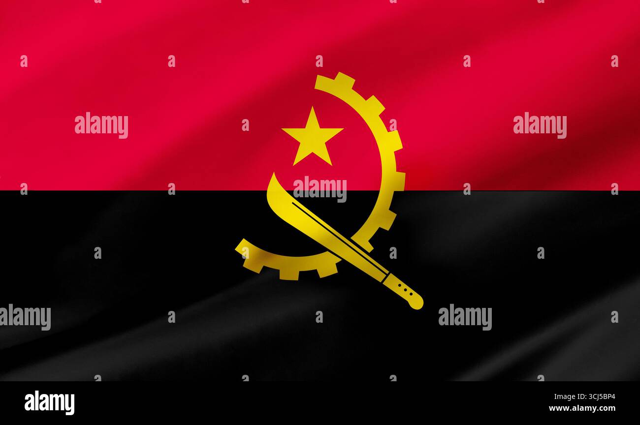 Détail de fond du drapeau de l'Angola occupant tout le cadre avec la texture de tissu ondulant. Banque D'Images