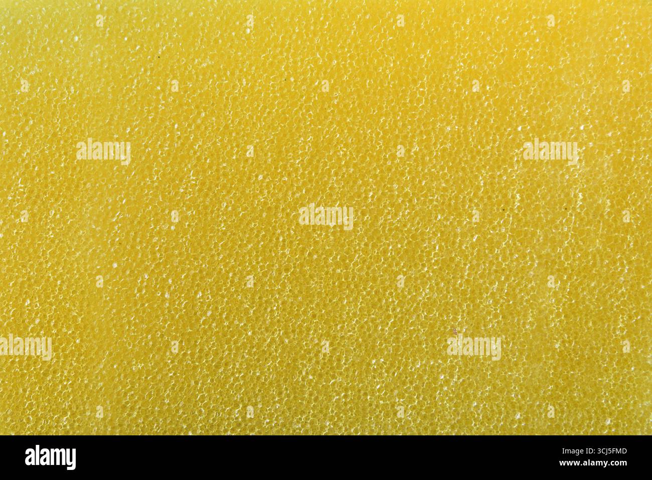 Détail de fond de la texture d'une éponge jaune synthétique avec de nombreux petits trous, pour le nettoyage ou l'hygiène. Vue de dessus. Banque D'Images