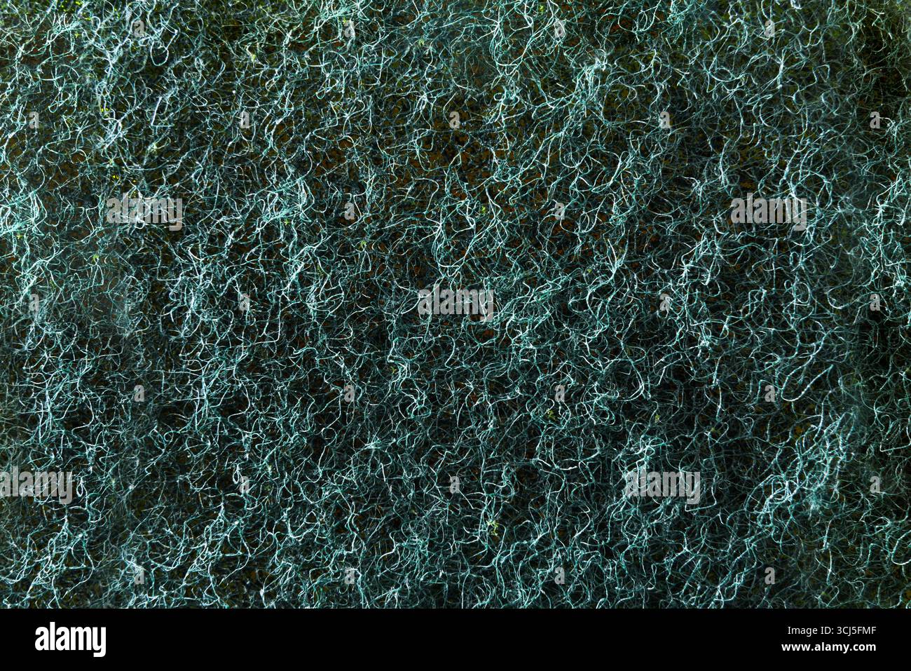 Détail de fond de la texture des fibres d'un tampon à récurer synthétique vert pour le nettoyage. Vue de dessus. Banque D'Images