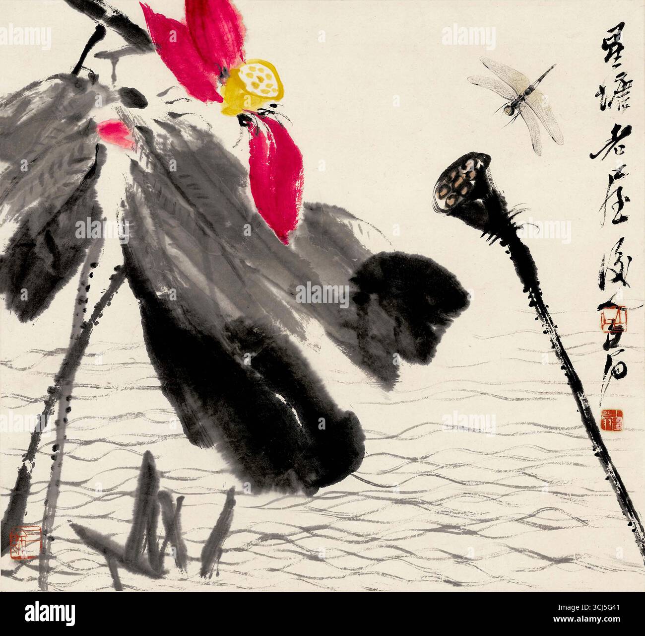 Étang Lotus avec libellule - peinture à l'encre chinoise, dans le style de Qi Baishi Banque D'Images