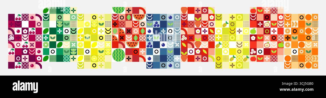 Ensemble de motifs de fruits et baies dans un style géométrique abstrait. Conception minimaliste de mosaïque pour emballage, textile, étiquette, bannière, modèle. Illustration de Vecteur