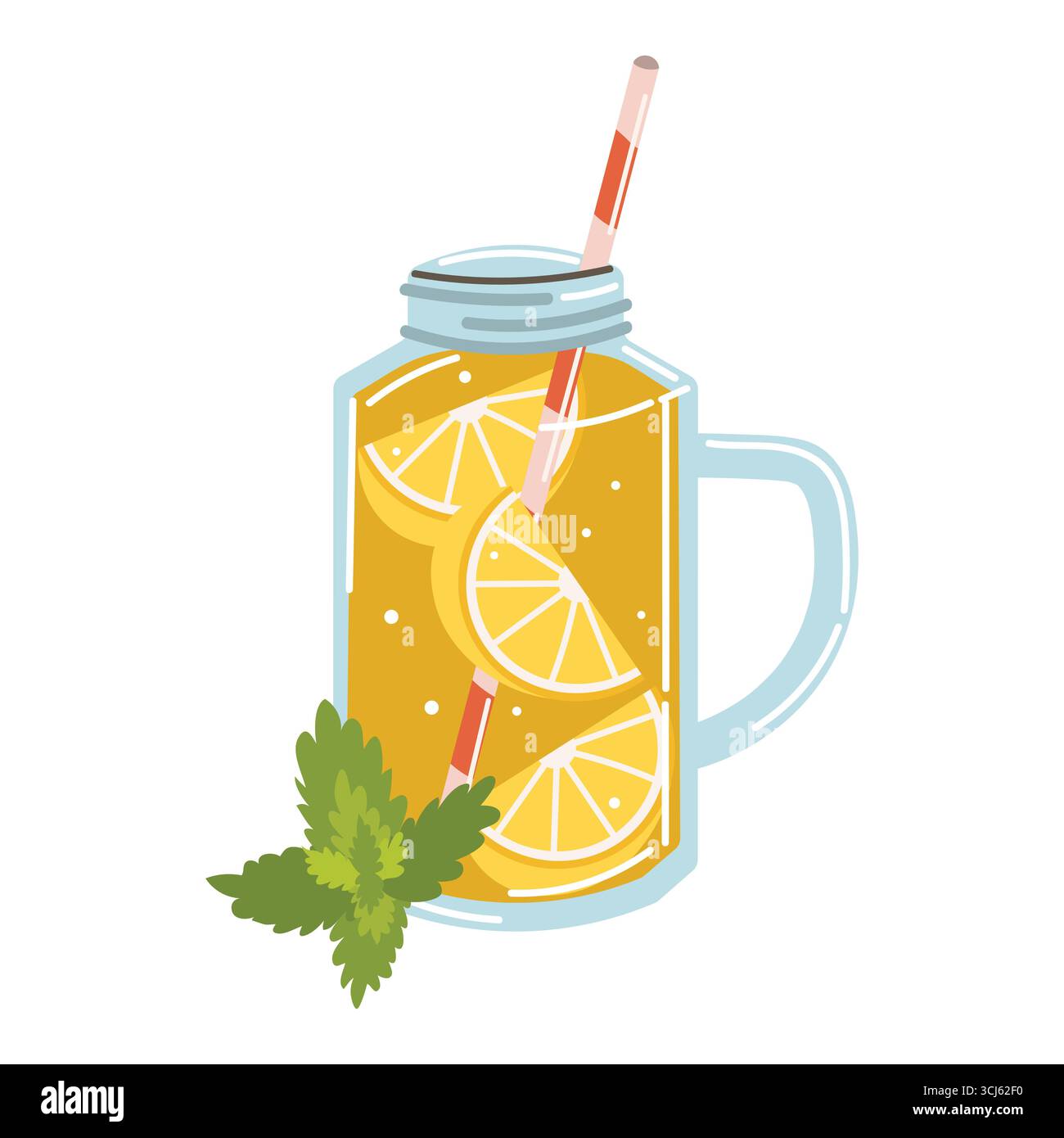 Kombucha boire en pot avec de la paille, des tranches de citron et de la menthe dans un style de dessin animé plat. Rafraîchissante conception de boisson de thé fermenté pour un mode de vie sain, probiot Illustration de Vecteur