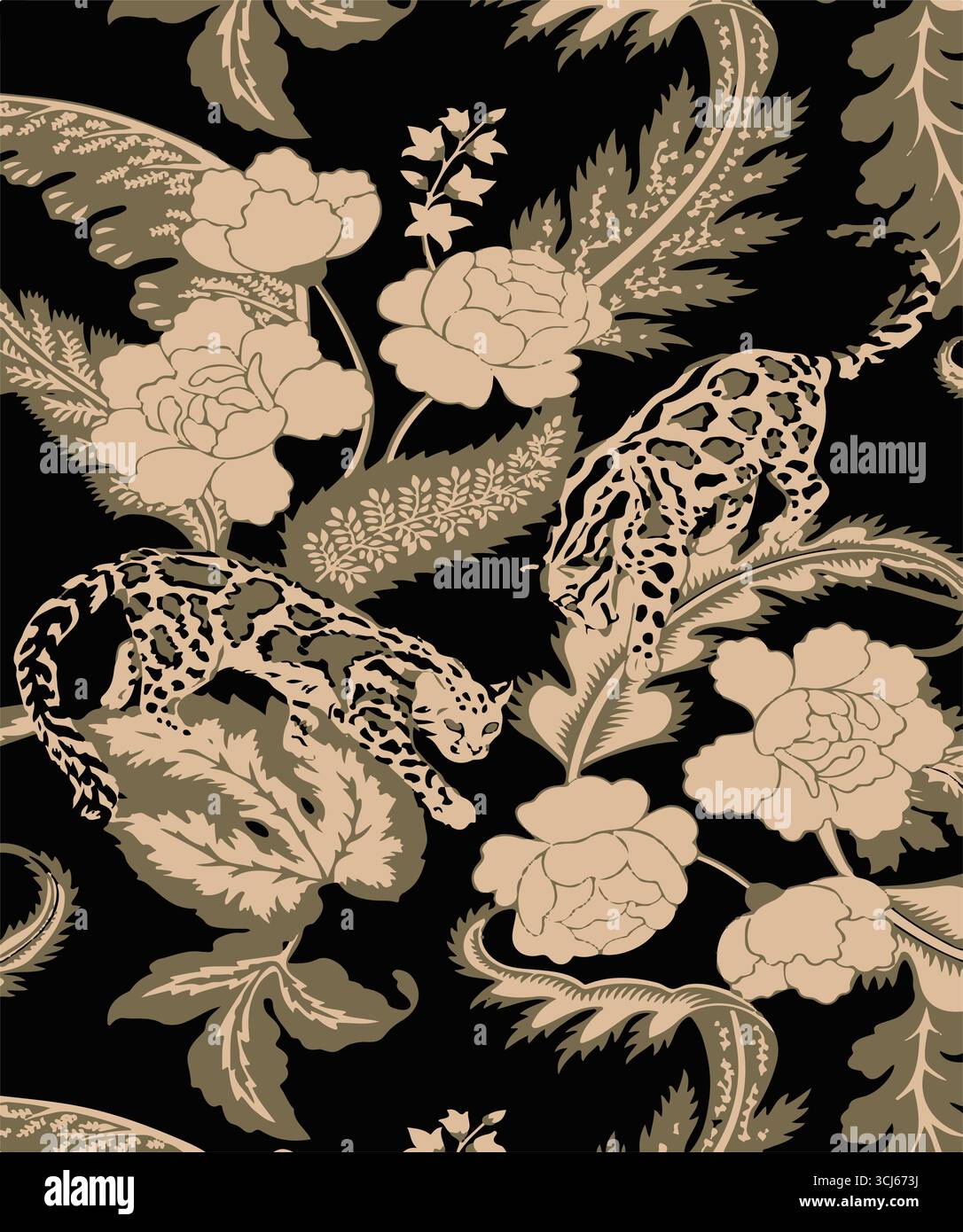 Modèle sans couture de vecteur avec des léopards, des fleurs et des feuilles tropicales. Style tendance. Illustration de Vecteur