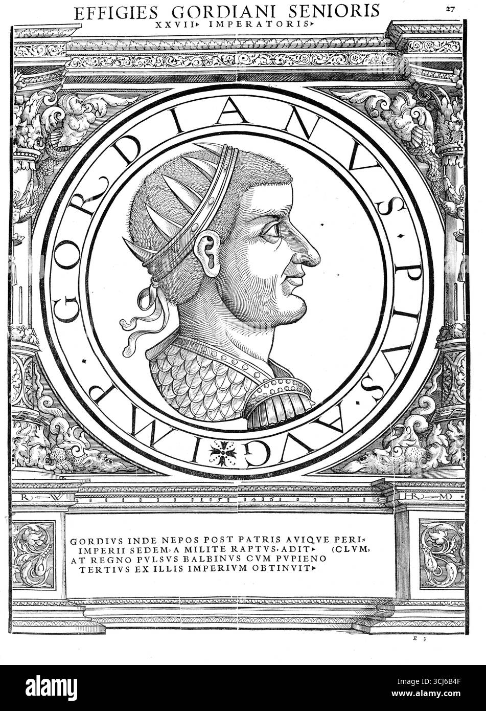 Gordien Ier (né vers 159, mort le 20 janvier 238) était empereur romain avec son fils Gordien II comme co-régent pendant 20 jours en janvier 238, reproduction authentique, restaurée numériquement à partir d'un original du XIXe siècle, date d'enregistrement non indiquée Banque D'Images