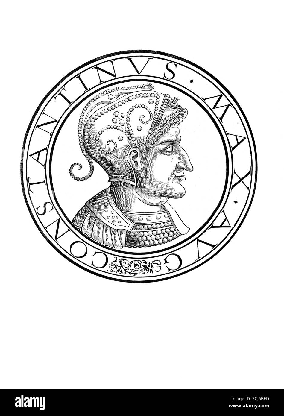 Flavius Valerius Constantinus (né le 27 février entre 270 et 288 à Naissus, Mésie supérieure, mort le 22 mai 337 en Achyrone), connu sous le nom de Constantin le Grand, dans le recensement Constantin Ier, était empereur romain de 306 à 337, reproduction authentique, restaurée numériquement d'un original du XIXe siècle, date d'enregistrement non indiquée Banque D'Images