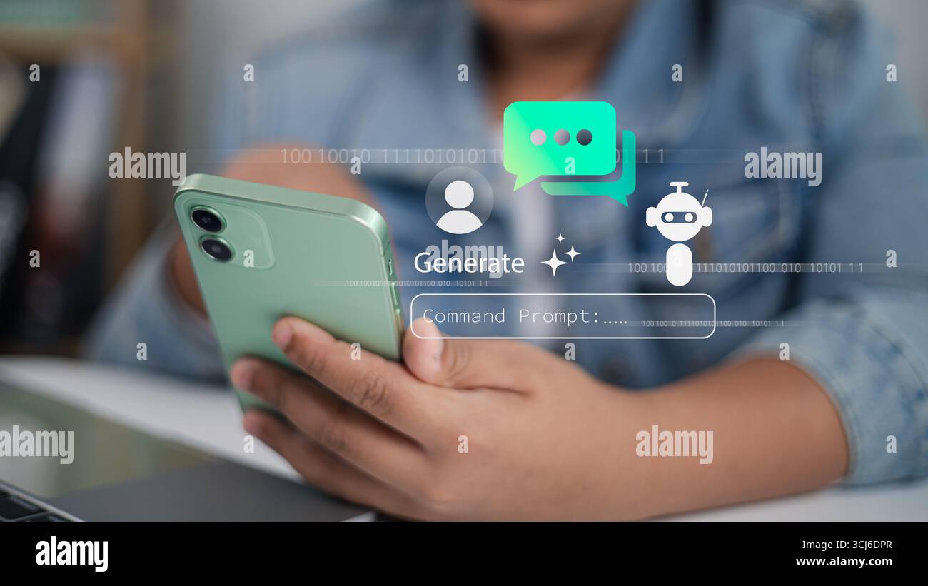 Personne interagissant avec le chatbot IA sur téléphone mobile, symbolisant l’intelligence artificielle dans la communication, la vie quotidienne et les avancées technologiques modernes Banque D'Images