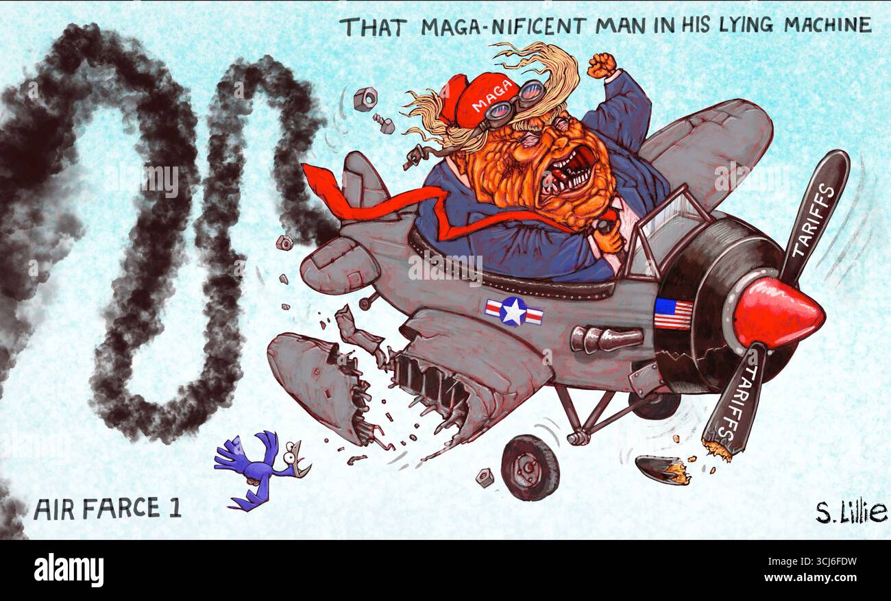 Caricature de dessin animé du président Donald Trump dans Air farce 1, l'avion tarifaire brise l'homme MAGA-nificent dans sa machine mensongère Banque D'Images