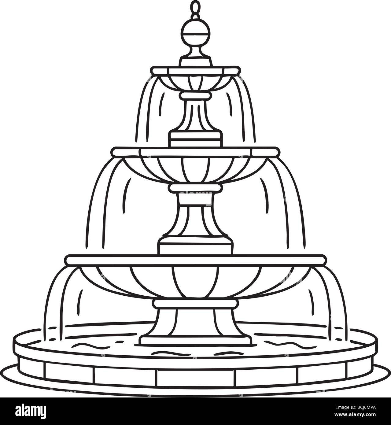 Une fontaine classique à plusieurs niveaux est dessinée dans des lignes noires nettes montrant des bols et une flèche centrale. Illustration de Vecteur