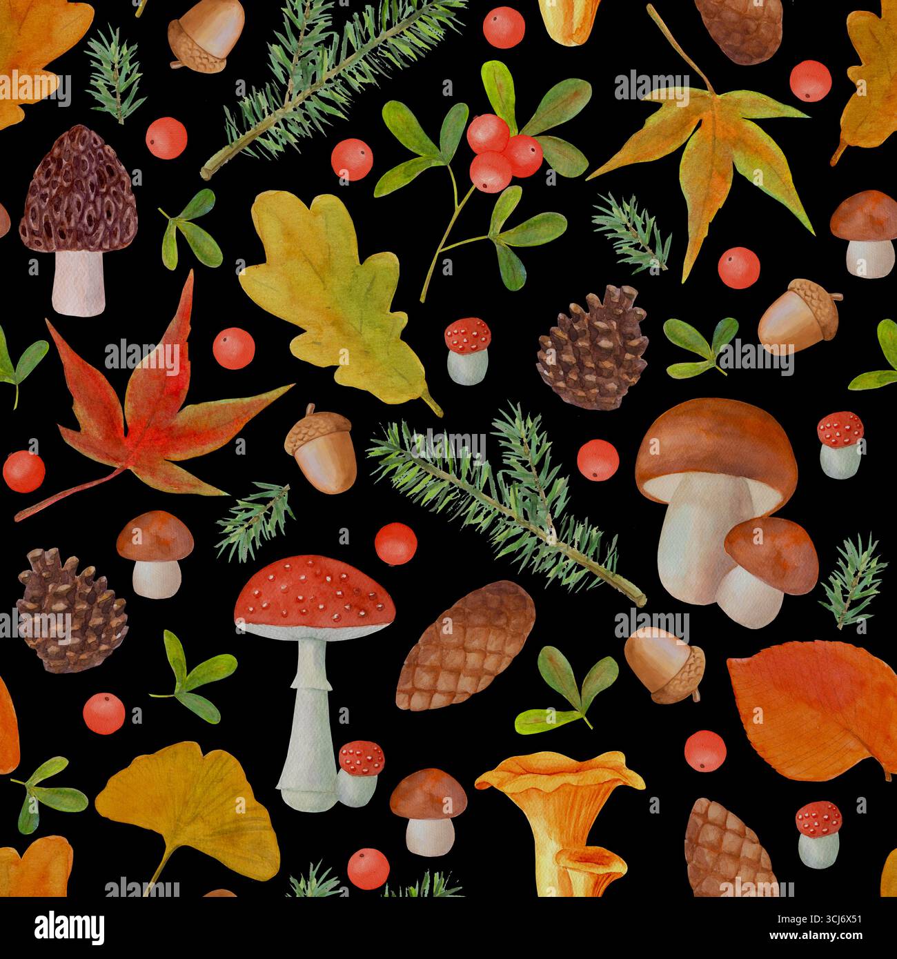 Motif d'automne sans couture avec champignons, branches de pin, épicéa, baies d'automne, cônes. Aquarelle illustration botanique dessinée à la main sur fond noir Banque D'Images