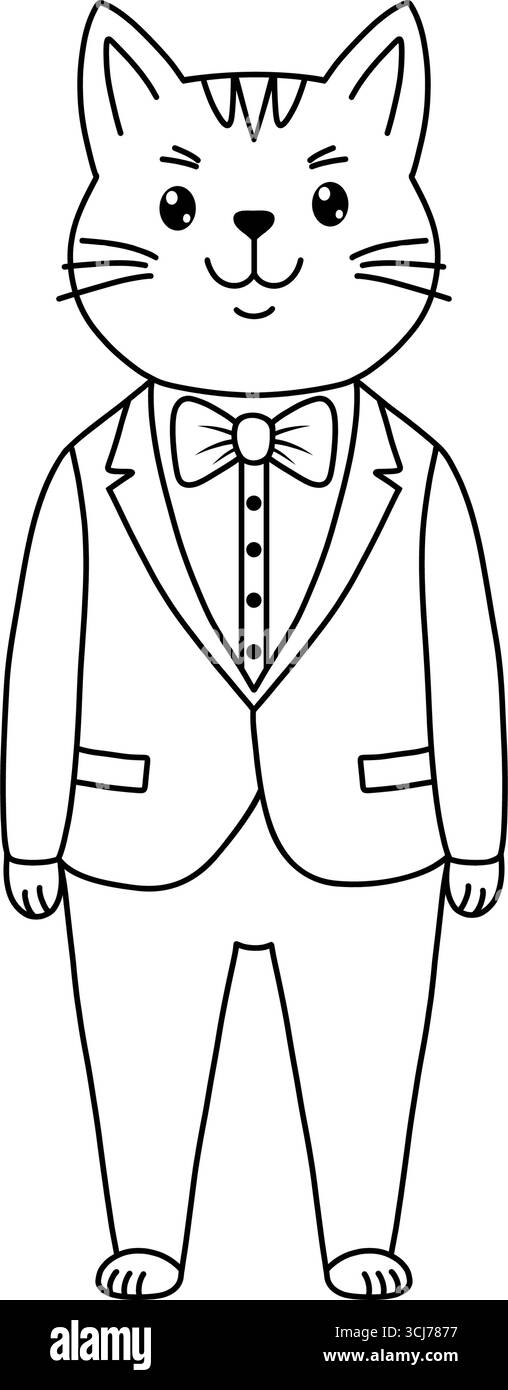 Un chat mignon portant un costume et un noeud papillon, illustration gribouille. Illustration de Vecteur