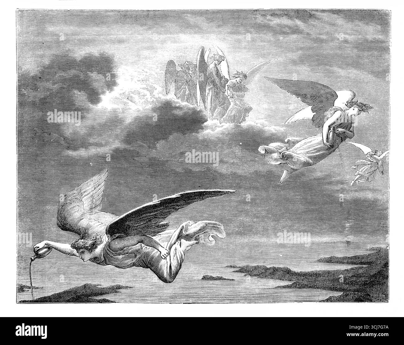 Illustration des Anges déversant leurs fioles pleines de colère des Dieux provoquant une peste sur les méchants (révélations) du 19ème Centur antique Banque D'Images